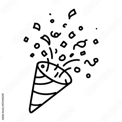 Celebratory confetti cannon explosion in simple line art style. Vector hand-drawn doodle illustration