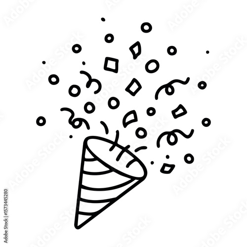 Line drawing of a party popper with confetti and streamers. Vector hand-drawn doodle illustration
