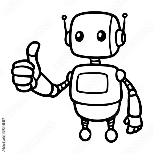 Friendly cartoon robot giving thumbs up with antennae and boxy design. Vector hand-drawn doodle illustration