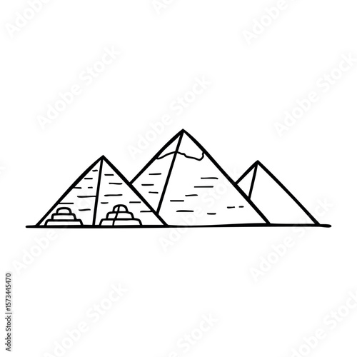 Line drawing of pyramids of giza depicting iconic ancient egyptian architecture. Vector hand-drawn doodle illustration