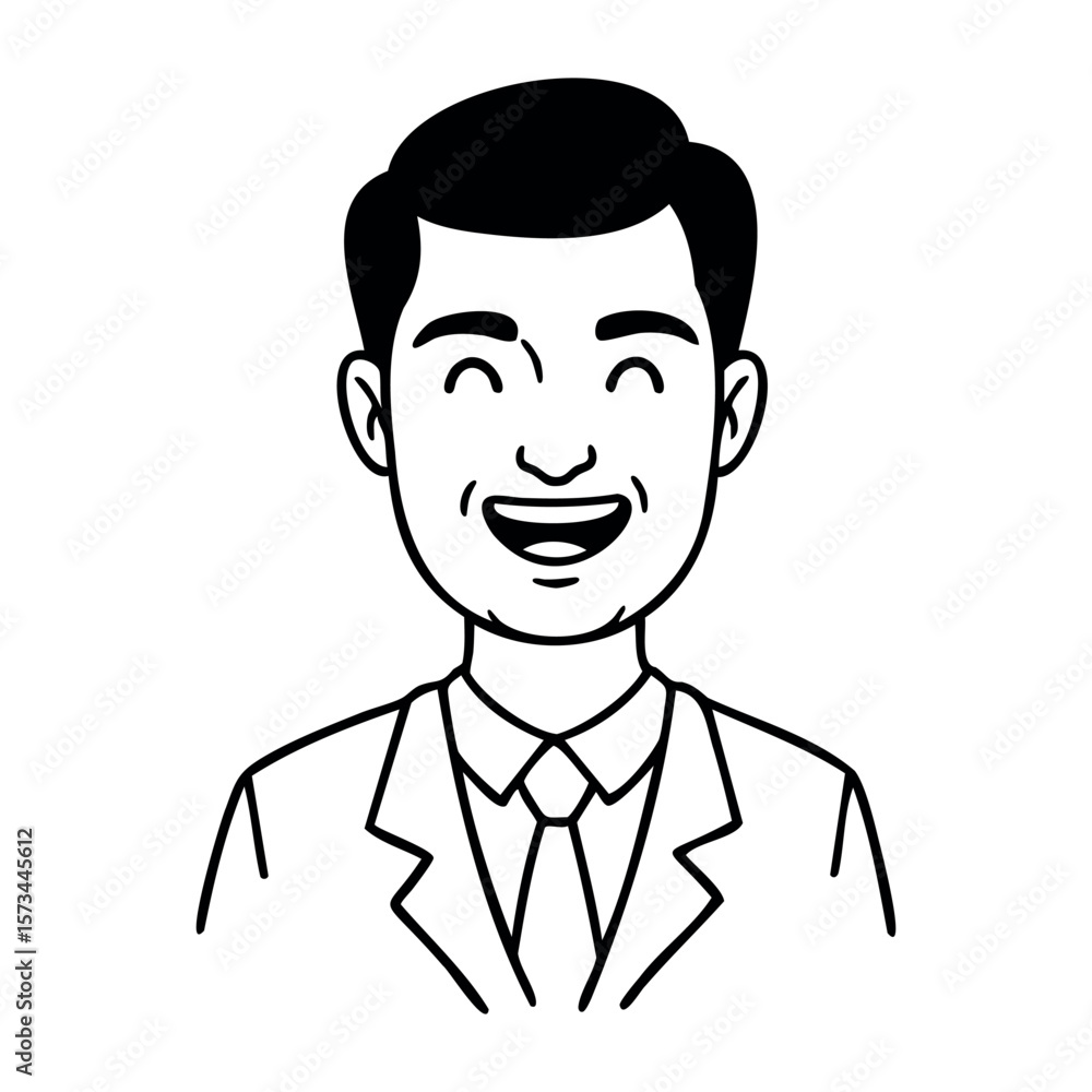 Smiling asian male adult in business suit line art. Vector hand-drawn doodle illustration Smiling asian male adult in business suit line art. Vector hand-drawn doodle illustration