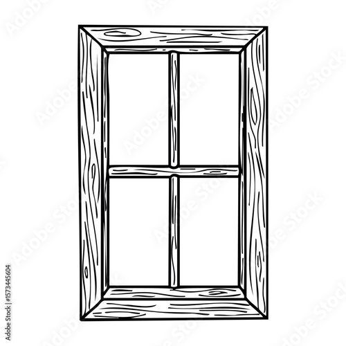 Wooden window frame with four panes line art illustration. Vector hand-drawn doodle illustration
