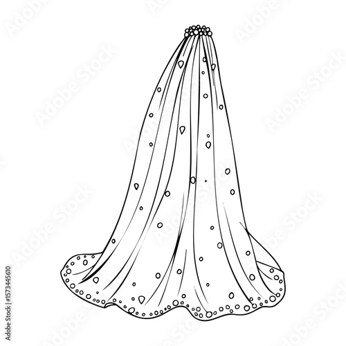 Elegant wedding veil with embellishments draped gracefully. Vector hand-drawn doodle illustration