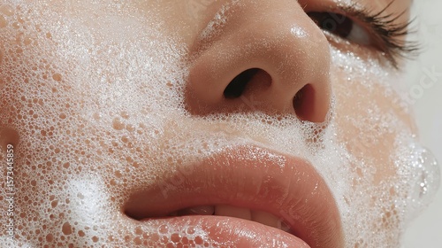 Close up showing woman massaging facial cleanser onto skin, focusing on gentle skincare steps targeting radiant complexion and deep cleansing process