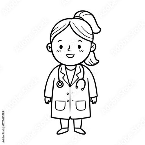 Cartoon female child doctor character in medical uniform. Vector hand-drawn doodle illustration