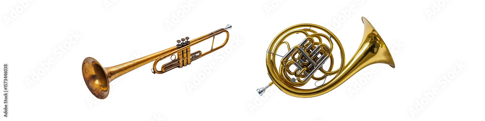 Fototapeta premium Trumpet and French horn side by side, both brass instruments with realistic metallic texture – transparent background.