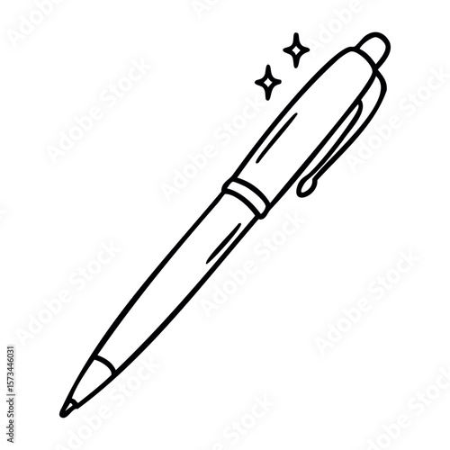 Sleek ballpoint pen with sparkling design elements for writing. Vector hand-drawn doodle illustration