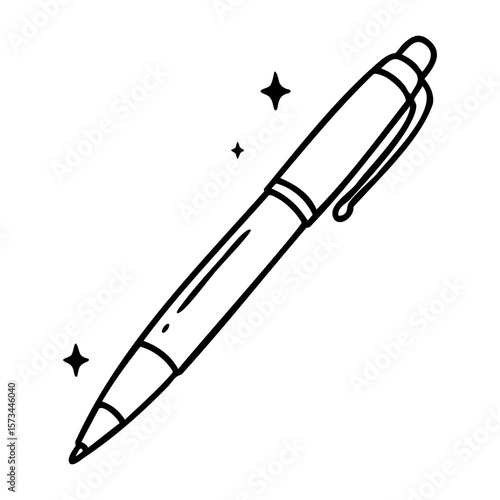 Stylish ballpoint pen with clip and sparkles in black and white line art. Vector hand-drawn doodle illustration
