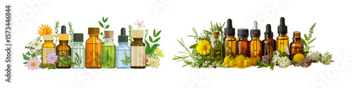 Collection of aromatherapy oil bottles with herbs and flowers, transparent background.