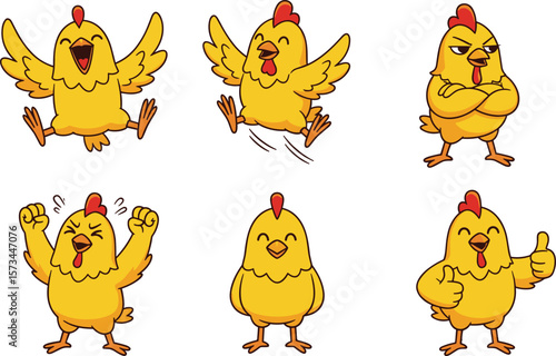 Cartoon chicken character set, six expressive yellow chickens, red combs, funny gestures, dynamic poses, jumping, stern, smiling, vector illustration, farm animal design