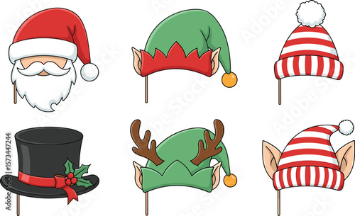 Christmas photo booth props set, six festive cartoon hats with beards and ears, Santa hat, elf hat, striped beanie, top hat, vector illustration