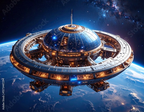 Fototapeta Naklejka Na Ścianę i Meble -  Futuristic space station orbiting Earth (1)