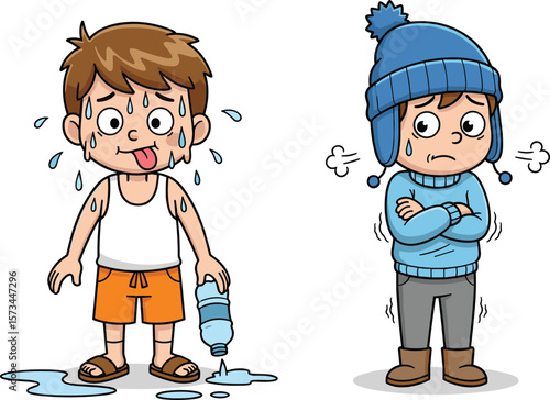 Hot and cold weather cartoon illustration, sweating character, shivering character, summer heat, winter chill, expressive poses, seasonal contrast, vector artwork, educational design