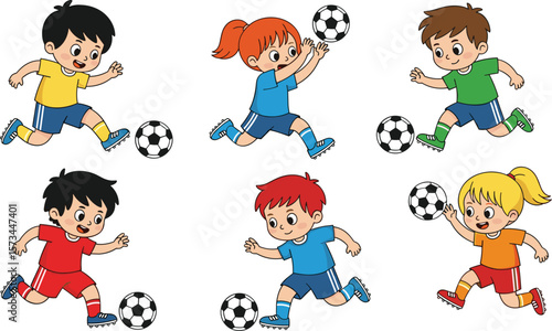 Cartoon children playing soccer, six active kids, colorful uniforms, kicking and chasing ball, dynamic poses, cleats and sports gear, vector illustration, character design