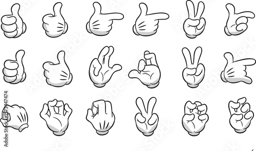 Cartoon hand gestures set, fifteen expressive signs, thumbs up, peace sign, pointing finger, raised hand, folded hands, vector illustration, communication icons, symbol design