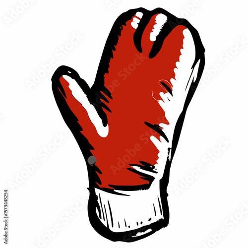 Red oven mitt with white cuff in hand-drawn style  