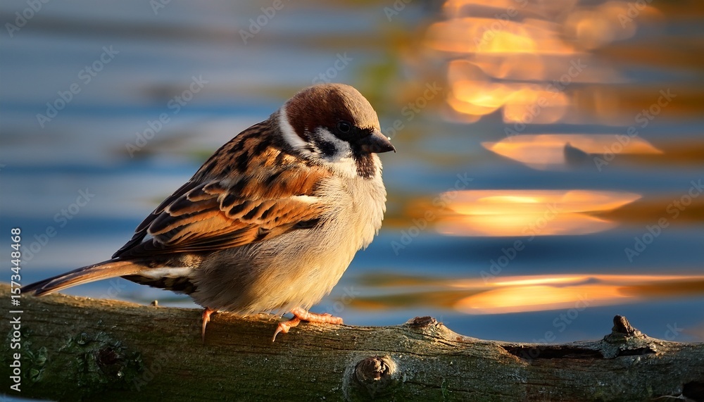 Obraz premium a lovely sparrow is perched gracefully on a branch by the water illuminated by the golden hour light capturing the essence of nature s beauty and tranquility