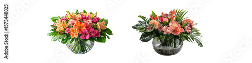 Set of two elegant flower arrangements in clear glass vases, featuring vibrant pink, orange, and peach blossoms with lush green tropical leaves, isolated on transparent background.