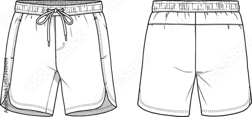 Men’s technical fashion sketch of casual shorts, front and back views with curved hemline, drawstring waistband, stitching details, editable vector garment design