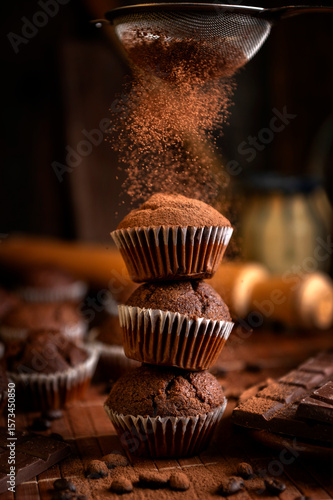 Chocolate muffins with liquid chocolate and dulce de leche with cocoa powder, a chocolate bar, and coffee beans on a wooden table with kitchen utensils.