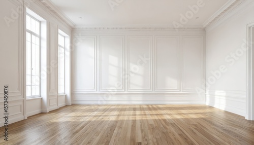 Spacious empty room interior featuring polished wooden floor, clean white wall paneling with classic molding details. Large windows allow bright natural sunlight to stream into airy, uncluttered