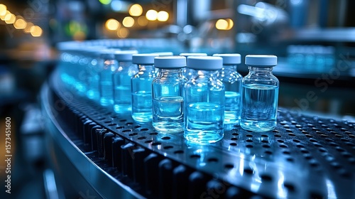 Close-up shot of vials filled with liquid moving along a conveyor belt in a pharmaceutical production facility with soft lighting.
