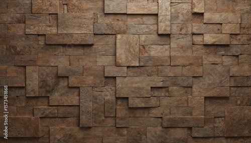 Fototapeta Naklejka Na Ścianę i Meble -  Geometric wood plank paneling creates rustic brown texture with cube-like patterns. 3d wall design features varied wood grains and tactile surface, adding depth and natural warmth to interior spaces.