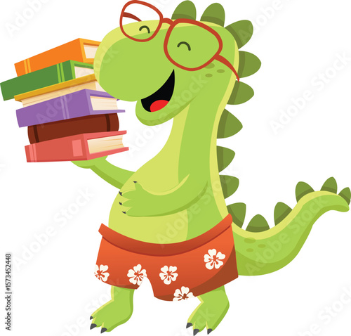 Cute Dinosaur Holding Pile Of Books