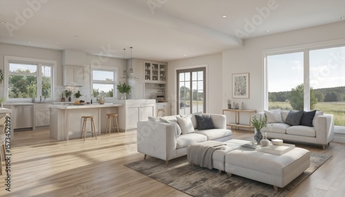 Wallpaper Mural Bright open-plan kitchen, living area with hardwood floors. Modern suburban home design features comfortable sofas, stylish furniture, ample sunlight. Offers spacious, airy, welcoming atmosphere for Torontodigital.ca