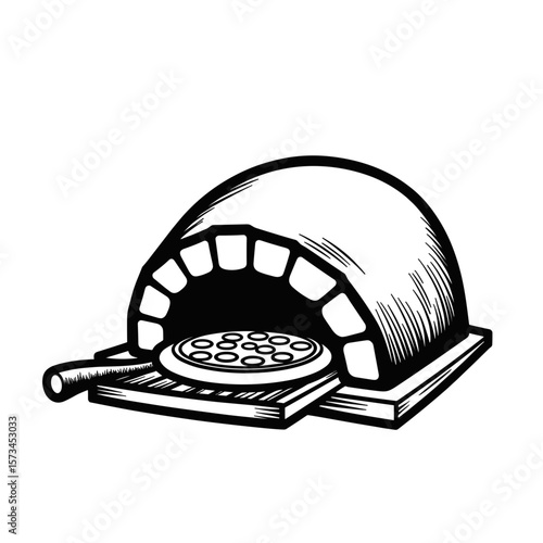 Toy pizza oven in black and white illustration for children's play  