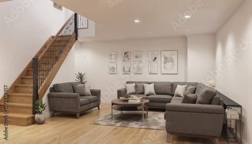 Modern basement living room stylish sectional sofa, plush rug, wooden coffee table. Light hardwood floors, white walls create bright, airy feel. Wooden stairs with metal railings lead to another