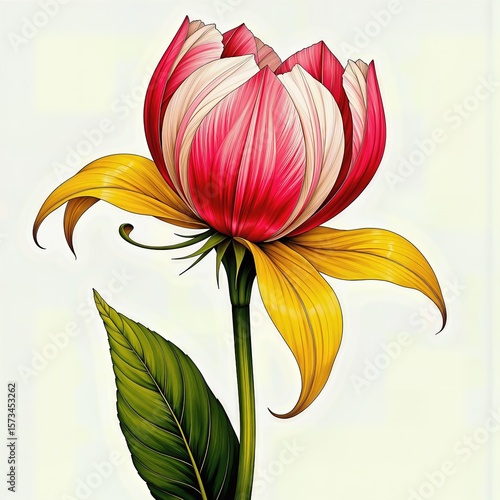 Captivating floral artwork showcasing a red and white bloom with vibrant yellow leaves and a green stem, standing out against a soft background.