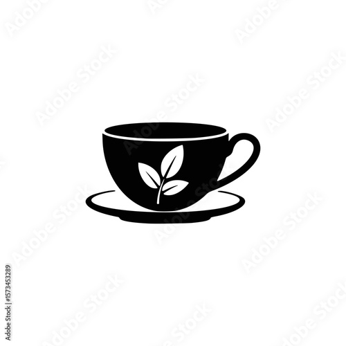 Black silhouette of a tea cup with leaves