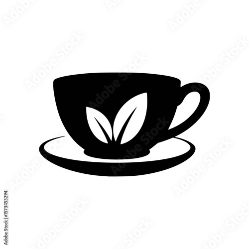 Black silhouette of a tea cup with leaves