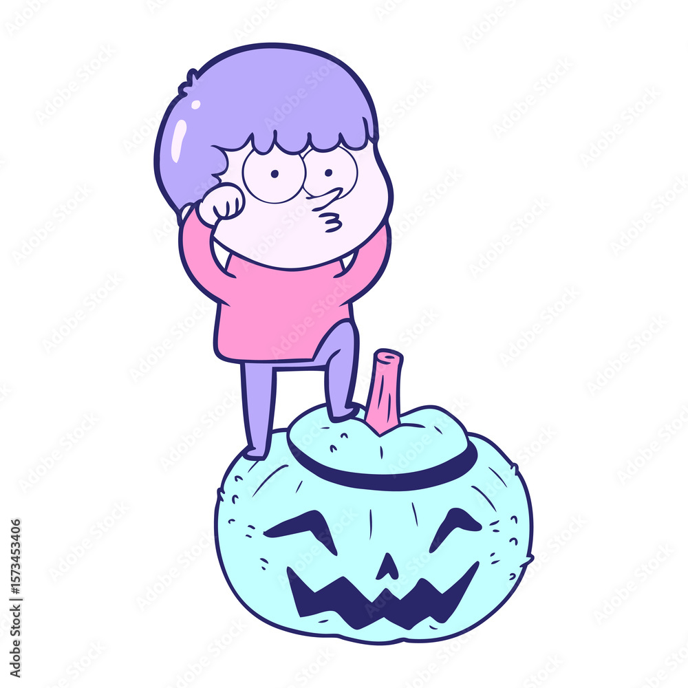 cartoon boy climbing huge pumpkin in bright neon color cartoon boy climbing huge pumpkin in bright neon color