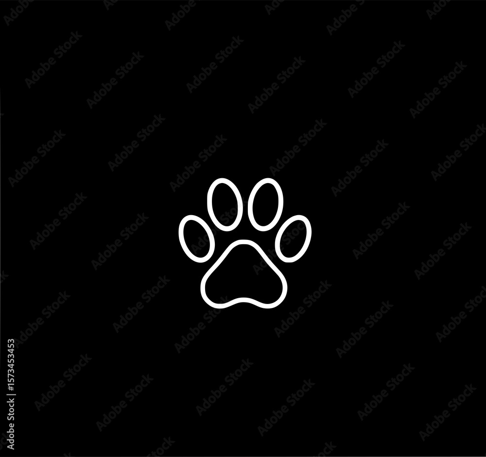 Obraz premium Paw Print Minimalist Icon: A simple, elegant line art illustration of a paw print on a black background, perfect for branding or design.