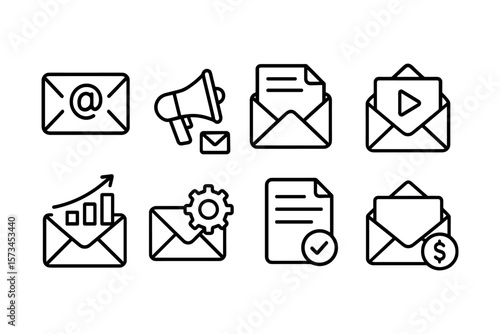 Email and messaging icons: communication, growth, and settings symbol set. Vector illustration in modern thin line style – stock vector