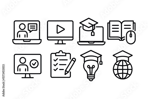 Online education icons: laptop, graduate cap, book, checklist, lightbulb, globe. Vector illustration in modern thin line style – stock vector