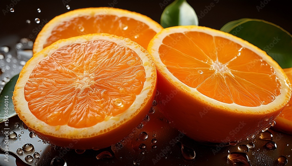 bright tasty citrus orange halves with water drops close up bright tasty citrus orange halves with water drops close up