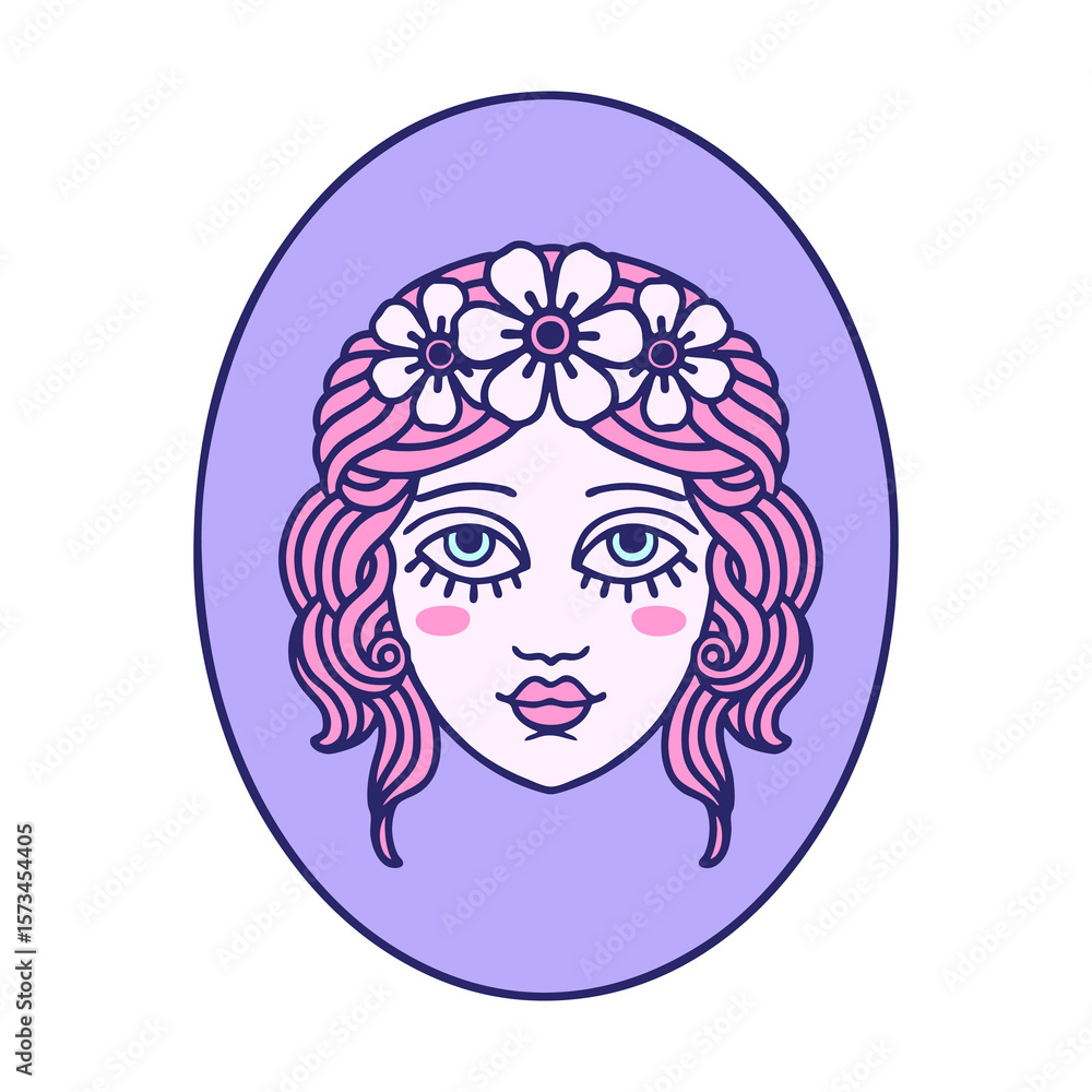 tattoo in traditional style of a maiden with flowers in her hair in bright neon color tattoo in traditional style of a maiden with flowers in her hair in bright neon color