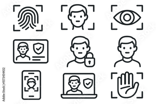 Biometric identification icons including fingerprint face eye scan and security. Vector illustration in modern thin line style – stock vector