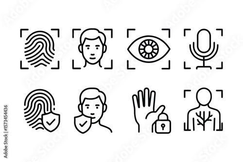 Biometric identification icons: fingerprint, face, eye, voice, hand, and heart sensors. Vector illustration in modern thin line style – stock vector