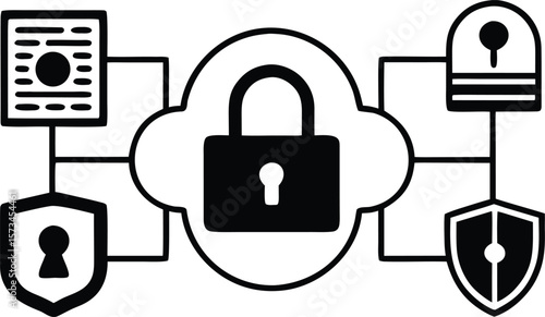Photo of cloud security concept with locks and shields protecting data