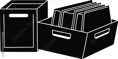 Photo of two storage boxes, one open and filled with files, suggest organization and data management