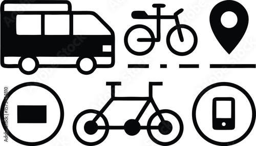 Photo of a transportation concept shows a van, bicycles, a location pin, and a smartphone