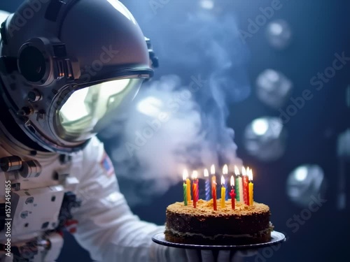 Celebrating a birthday in space with an astronaut and a colorful cake surrounded by candles