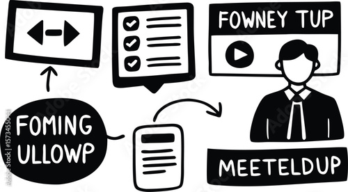 Photo of handdrawn illustration of a business workflow with screens, lists, and a meeting