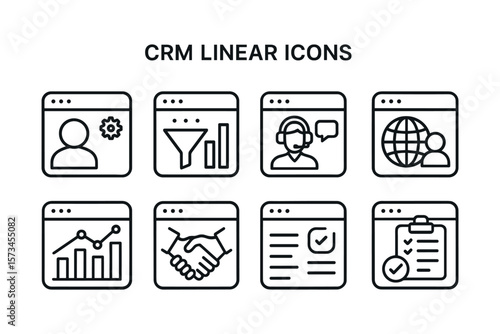 Crm linear icons depicting customer relationship management elements. Vector illustration in modern thin line style – stock vector
