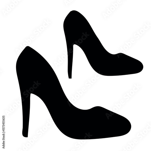 Two black high heel shoes in silhouette elegantly positioned isolated on white background