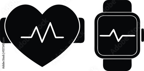 Photo of icons representing heart health monitoring with a smartwatch and a heart rhythm graphic